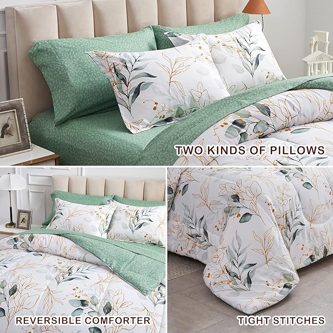 Joyreap 7 Piece Bed in a Bag California King, Green Leaves Print on White Botanical Design, Microfiber Floral Bedding Comforter Set for All Season