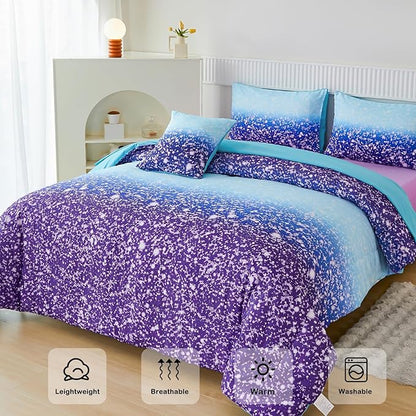 PERFEMET Purple Girls Twin Bedding Set - 6 Pieces Comforter Set with Sheets, Tie Dye Rainbow Bed-in-a-Bag, Sparkle Glitter Fluffy Kids Bedroom Bed Sets (Blue Purple, Twin)