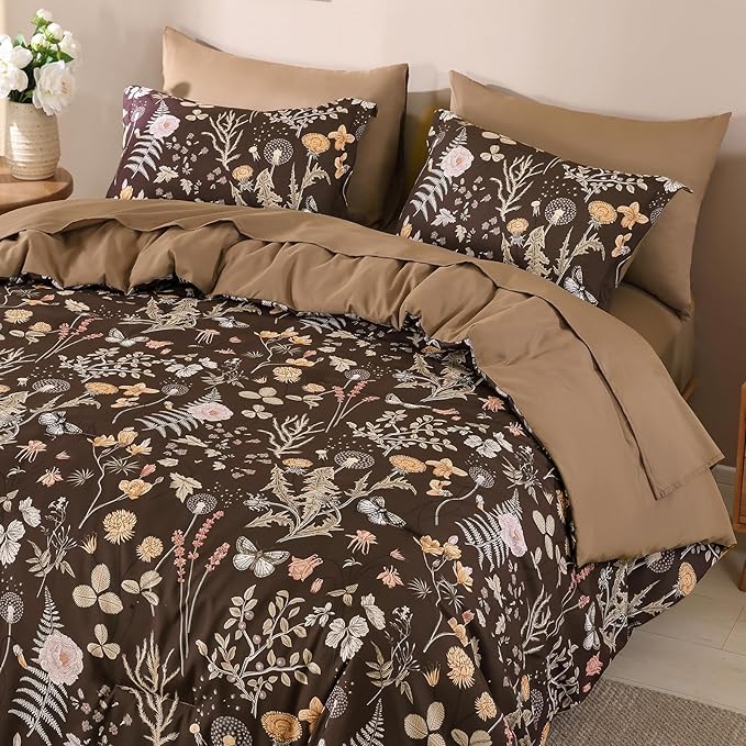 Yiran Brown Comforter Set Queen Size, 7 Piece Floral Comforter Bedding Set, Farmhouse Bed in a Bag, Soft Microfiber Complete Bedding Set with Sheets for All Season