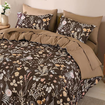 Yiran Brown Comforter Set Queen Size, 7 Piece Floral Comforter Bedding Set, Farmhouse Bed in a Bag, Soft Microfiber Complete Bedding Set with Sheets for All Season