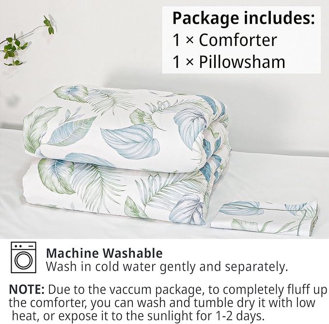 Botanical Cotton Comforter Twin Size - Sage Green Comforter Printed with Leaves & Ferns on White,Reversible Lightweight Bedding Sets 2Pcs(Leaves,68"×90")