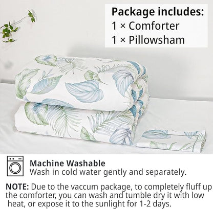 Botanical Cotton Comforter Twin Size - Sage Green Comforter Printed with Leaves & Ferns on White,Reversible Lightweight Bedding Sets 2Pcs(Leaves,68"×90")