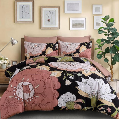 DJY 7 Pieces Black Floral Comforter Set King Size Blush Pink Botanical Bed in a Bag, Soft Microfiber Boho Farmhouse Bedding Floral Comforter with Sheets Set for All Season (104''x90'')