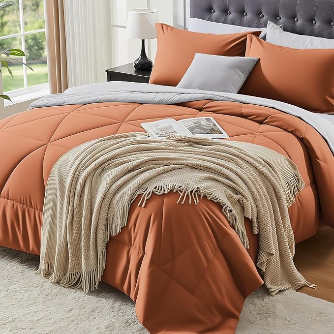 BEDELITE Twin XL Comforter Set 5 Pieces Bed in A Bag - Soft Reversible Twin Extra Long Burnt Orange Bed Set with Comforters, Sheets, Pillowcase & Sham, Cozy Bedding Sets for College Dorm Room