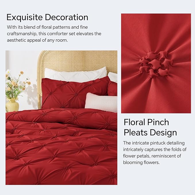 BEDELITE Red Queen Comforter Set - 3 Pieces Boho Pintuck Bedding Comforter Sets, Lightweight Soft & Warm Bed Comforter Queen with 2 Pillowcases for All Season