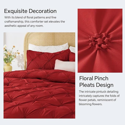 BEDELITE Red Queen Comforter Set - 3 Pieces Boho Pintuck Bedding Comforter Sets, Lightweight Soft & Warm Bed Comforter Queen with 2 Pillowcases for All Season