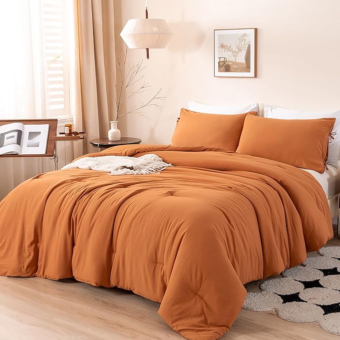 Burnt Orange Queen Size Comforter Set, Rust Comfy Fluffy Ultra Soft Polyester Cotton Blend, 3 Pieces Solid Terracotta Bedding Down Quilted Blanket Comforter & Pillowcase for All Season Use