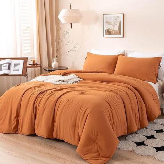 Burnt Orange Queen Size Comforter Set, Rust Comfy Fluffy Ultra Soft Polyester Cotton Blend, 3 Pieces Solid Terracotta Bedding Down Quilted Blanket Comforter & Pillowcase for All Season Use