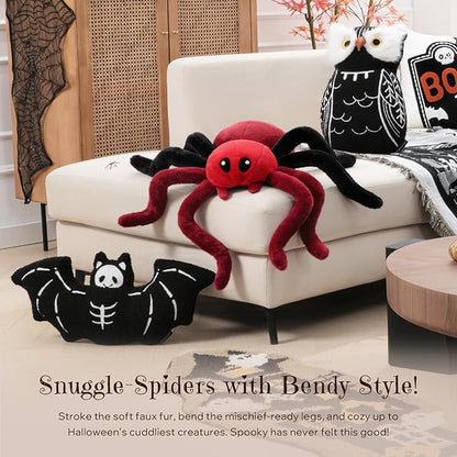 Phantoscope Happy Halloween Spider Shaped Throw Pillow, Faux Fur Fluffy Tarantula Shaped Halloween Cushion Pillow Contrast Color with Shapeable Legs, for Bedroom Sofa, Red, 18 x 9.5 inches