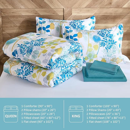 Anibedding 7Pieces King Size Comforter Set, Blue Yellow Botanical Bed in a Bag Complete Set with Sheet Pillowcase for Bedroom All Season