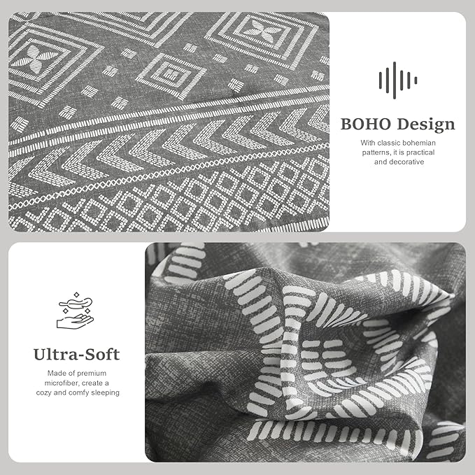 Yiran Boho Full Size Comforter Set, Grey Aztec Comforter Bedding Set, 7 Piece Bed in a Bag, Soft Microfiber Bohemian Striped Complete Bedding Set with Sheets for All Season