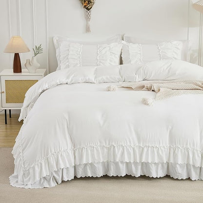 Herside White Ruffle Comforter Set King Size,Shabby Chic Bedding Set Soft Fluffy Boho Comforter Set for All Season,Vintage Bedding Ruffled 3 Pcs Microfiber Lightweight Quilt Set for Women Girls