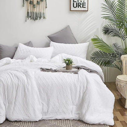 Houseri California King Comforter Set White Boho Tufted Jacquard Bedding Sets Cal King Women Solid White Shabby Chic Comforters Men Modern Soft Comfy Plain White Farmhouse Tassels Bed Quilt King Plus