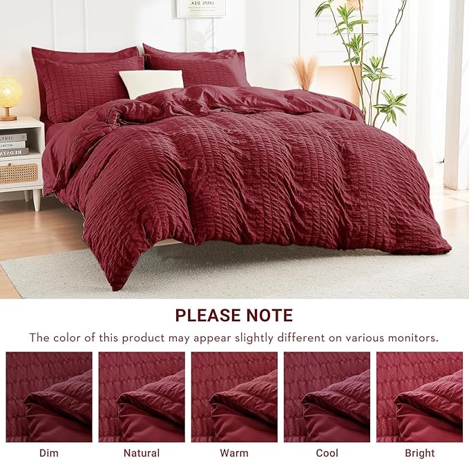 HYMOKEGE Burgundy King Size Comforter Set Seersucker 7 Pieces, All Season Luxury Bed in a Bag for Bedroom, Bedding Set with Comforters, Sheets, Pillowcases & Shams