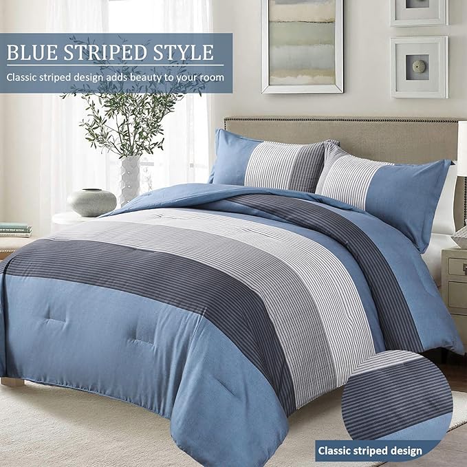 Comforter Set King Size, Reversible Blue Grey Striped Patchwork Down Alternative Comforter for Queen Bed,3 Pieces (1 Comforter+2 Pillowcases), Soft Microfiber Bedding Duvet Insert Set 104"×90"