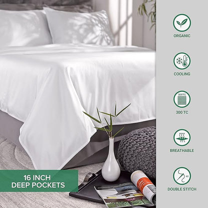 Pure Bamboo Queen Sheets, Genuine 100% Organic Viscose Derived from Bamboo Bed Sheet Set, Luxuriously Soft & Cooling, Double Stitching, 2 Year Quality Promise (Queen, Glacier)