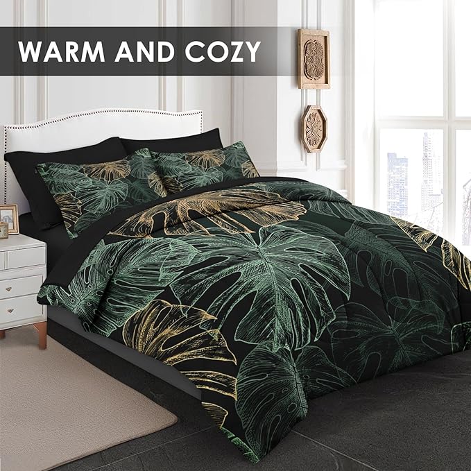 Comforter Set King Size, Green Golden Tropical 7 Pcs Bedding for Kids and Adults, Leaves Monstera Palm Leaf Bed Sheet Sets with Fitted Sheet 2 Pillowcases & 2 Shams for Bedroom Bed Decor