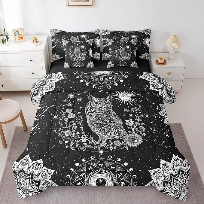 Feelyou Sun Moon Owl Bed in a Bag with Comforter, Queen Size 7Pcs 3D Animal Printed Bedding Set with Comforter, Women Men Ultra Soft Bird Decor Comforter Cartoon Owls Room Decor