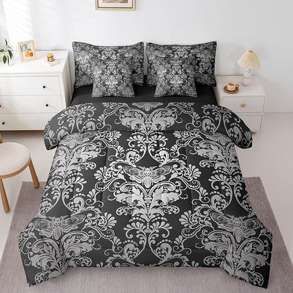 Erosebridal Gothic Damask Comforter Set 7 Piece Bed in a Bag Twin,Exotic Moth Bedding Sets Black White Victorian Floral Goth Sheet Set with Comforter