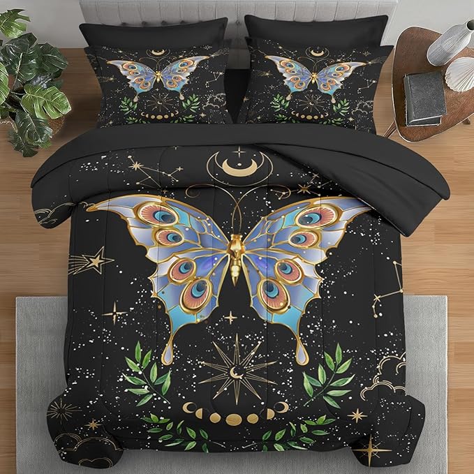 Comforter Set Twin Size, Gothic Butterfly Moon 5 Pcs Bedding for Kids and Adults, Botanical Plant Leaf Bed Sheet Sets with Fitted Sheet Pillowcase & Sham for Bedroom Bed Decor