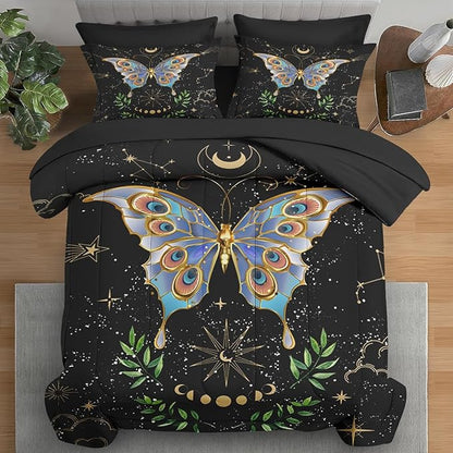 Comforter Set Queen Size, Gothic Butterfly Moon 7 Pcs Bedding for Kids and Adults, Botanical Plant Leaf Bed Sheet Sets with Fitted Sheet 2 Pillowcases & 2 Shams for Bedroom Bed Decor