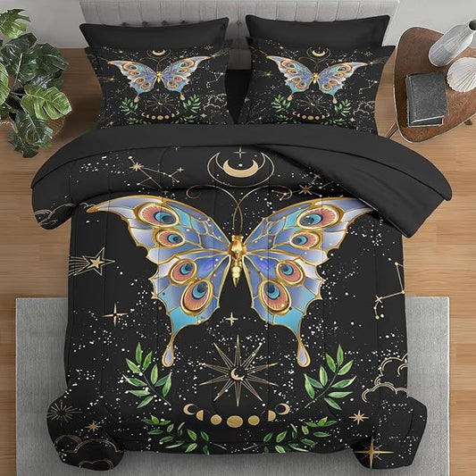 Comforter Set Queen Size, Gothic Butterfly Moon 7 Pcs Bedding for Kids and Adults, Botanical Plant Leaf Bed Sheet Sets with Fitted Sheet 2 Pillowcases & 2 Shams for Bedroom Bed Decor