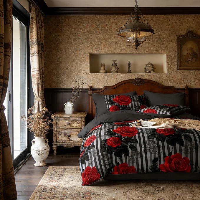 Black Floral Comforter Set Twin Size - Red Rose Pattern Soft Fluffy Black Grey Stripe Bedding Set for Girls Bedroom Decor - 2Piece Microfiber with 1 Pillowcases