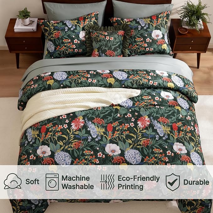 WRENSONGE King Size Comforter Set-7 Pieces Green Botanical Floral Bedding, Flowers Printed Design King Bed in a Bag with Botanical Flowers Comforter, Sheets, Pillowcases & Shams