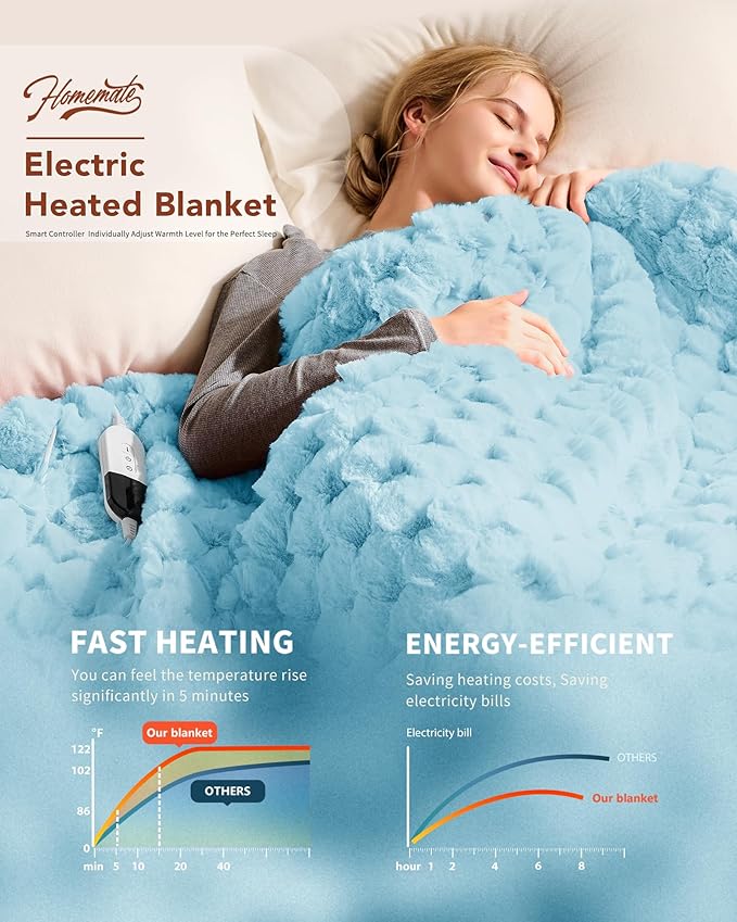 Homemate Heated Blanket Electric Throw - 50"x60" Heating Blanket Throw 4 Hours Auto-Off 10 Heat Levels Over-Heat Protection Luxury 800 GSM Faux Fur 200 GSM Sherpa ETL Certification