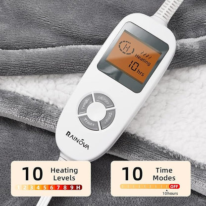 RAINOVA Heated Blanket Electric Throw, Electric Blanket-90''x100'', Soft Heating Blanket, 10-Level Heating, 10-Hour Auto-Off, Gifts for Parents and Elders, Gray, ETL & FCC Certified