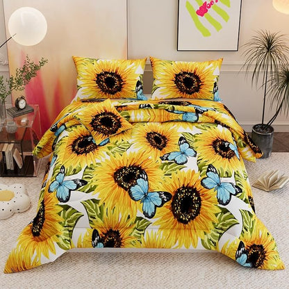 6 Pieces Sunflower Comforter Sets,3D Pattern with Sunflower Blue Butterflies,Decorative 6 Piece Bedding Sets with Comforter,Flat Sheet,Fitted Sheet,Throw Pillow Cover,Pillow Shams,King Size