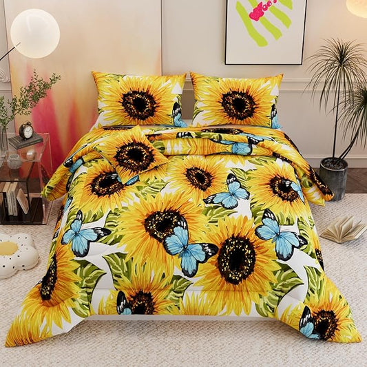 6 Pieces Sunflower Comforter Sets,3D Pattern with Sunflower Blue Butterflies,Decorative 6 Piece Bedding Sets with Comforter,Flat Sheet,Fitted Sheet,Throw Pillow Cover,Pillow Shams,King Size