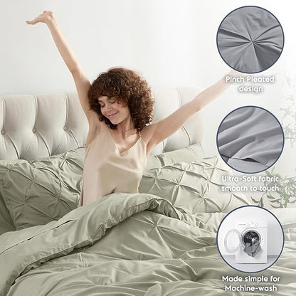 Nestl King Size Comforter Set 7 Pieces - Pinch Pleated Comforter Set Light Sage, Bed in a Bag, All Season Bed Set, King Bedding Set with Flat Sheet, Fitted Sheet, Pillowcases and Shams
