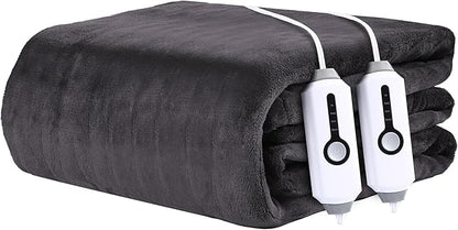 Electric Heated Blanket 84"x90" Queen Size - 4 Heat Settings & Dual Controllers, 10H Auto Shut Off, Ultra-Soft Coral Fleece Heated Blanket with Overheat Protection, Dark Gray