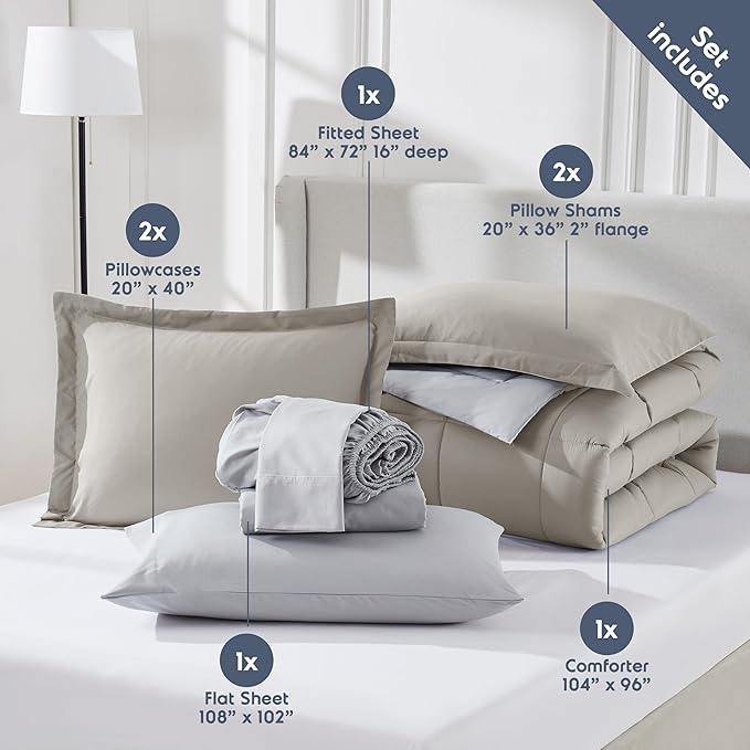 Nestl 7 Piece California King Comforter Set – Linen Reversible Bed in a Bag – Complete Cal King Size Bedding Set with Sheets, Pillowcases and Shams
