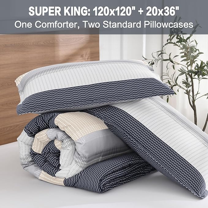 Litanika Oversized King Comforter Set Blue Yellow 120x120-3 Pieces Lightweight Colorblock Stripe Fluffy Bedding Comforter Sets, All Season Bed Set