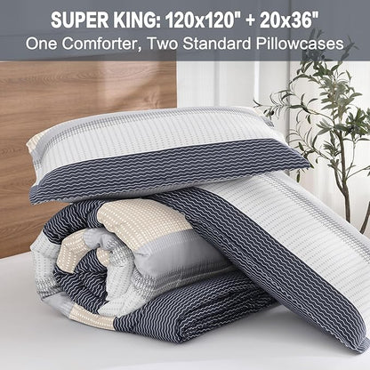 Litanika Oversized King Comforter Set Blue Yellow 120x120-3 Pieces Lightweight Colorblock Stripe Fluffy Bedding Comforter Sets, All Season Bed Set