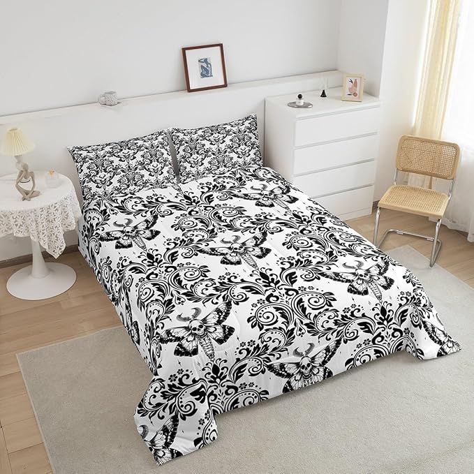 Feelyou Adults White Vintage Damask Floral Comforter Set Oriental Antique Comforter Queen Size Gothic Bohemia Boho Flower Bedding Set Gothic Skull Duvet Set Quilt Set 3Pcs