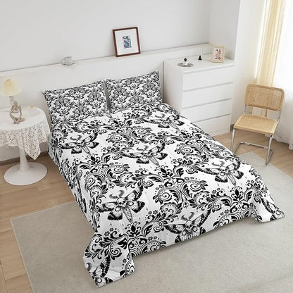 Feelyou Adults White Vintage Damask Floral Comforter Set Oriental Antique Comforter Twin Size Gothic Bohemia Boho Flower Bedding Set Gothic Skull Duvet Set Quilt Set 2Pcs