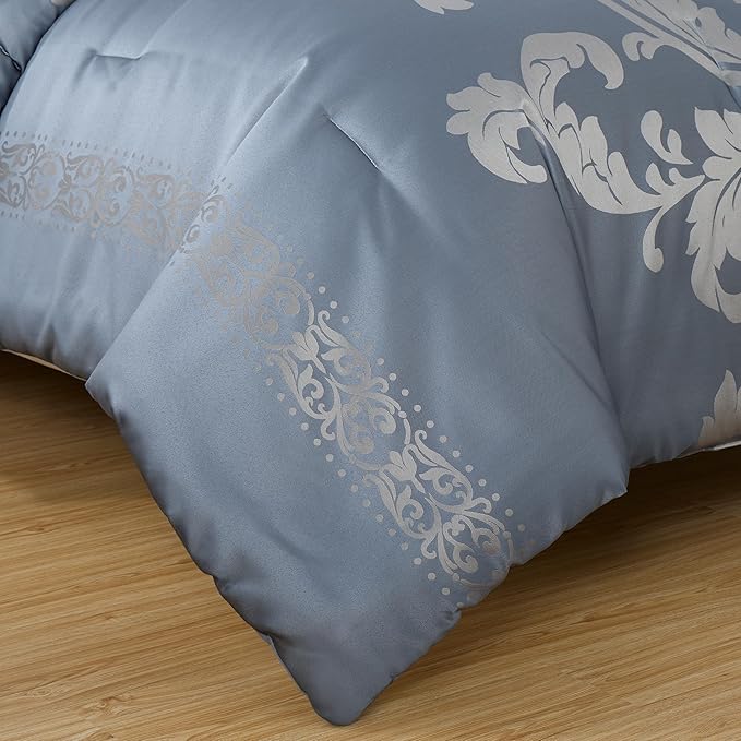 Chezmoi Collection Valor 7-Piece King Bed in a Bag, Grayish Blue/Gray Luxury Jacquard Floral Comforter with Sheets Set for All Season