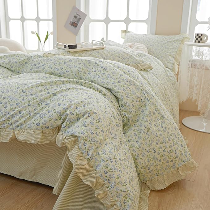 HighBuy Green Ruffle Comforter Set Queen Lace Edge Blue Flower Bedding Comforter Set Coquette Cottagecore Bedding Set with 1 Romantic Comforter 2 Lace Pillow Shams for Teen Girls All Seasons