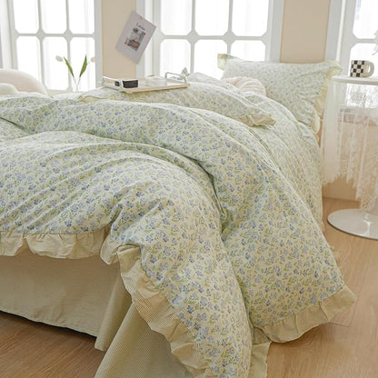 HighBuy Green Ruffle Comforter Set Queen Lace Edge Blue Flower Bedding Comforter Set Coquette Cottagecore Bedding Set with 1 Romantic Comforter 2 Lace Pillow Shams for Teen Girls All Seasons