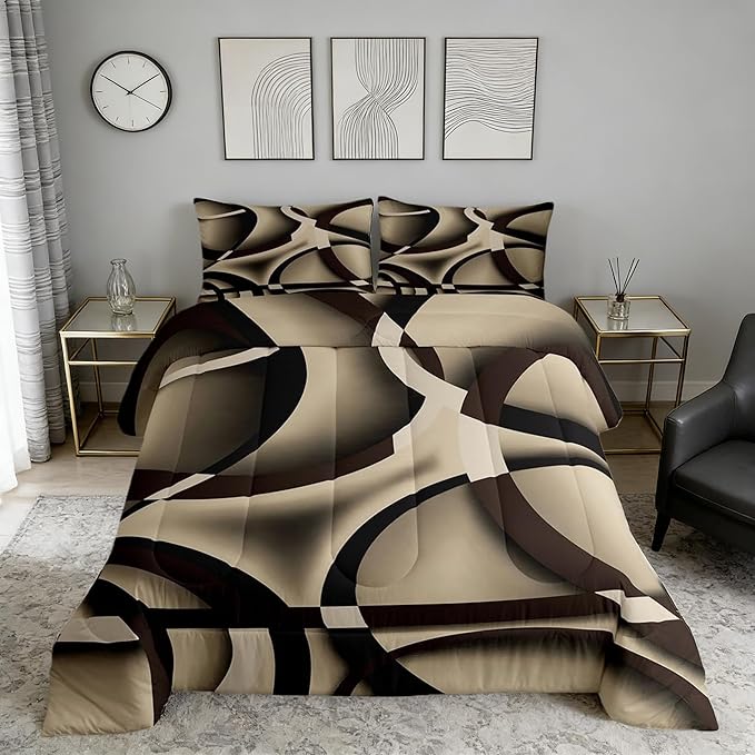 Castle Fairy Circle Geometric Comforter Set Khaki Black Brown Swirls Bedding Set for Kids Girls Women Adults Abstract Stripes Comforter Retro Style Quilted Duvet Set Bedroom Collection Twin Size 2Pcs
