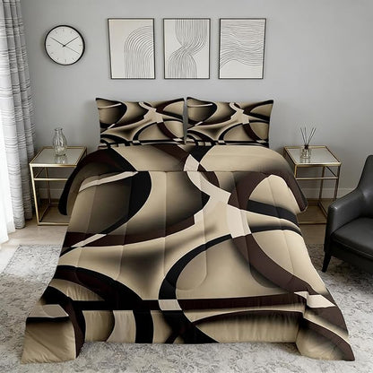 Castle Fairy Circle Geometric Comforter Set Khaki Black Brown Swirls Bedding Set for Kids Girls Women Adults Abstract Stripes Comforter Retro Style Quilted Duvet Set Bedroom Collection Twin Size 2Pcs