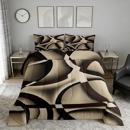 Castle Fairy Circle Geometric Comforter Set Khaki Black Brown Swirls Bedding Set for Kids Girls Women Adults Abstract Stripes Comforter Retro Style Quilted Duvet Set Bedroom Collection Twin Size 2Pcs