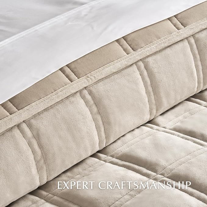 EVERGRACE 3 Pieces Luxurious Velvet Quilt Queen Size, Ultra Soft Bedspread Coverlet Set, Double Box Stitch Lightweight Velvet Comforter for All Season with 2 Shams, Beige, 92"x96"