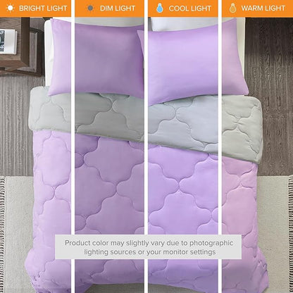 Comfort Spaces Vixie Reversible Comforter Set - Trendy Casual Geometric Quilted Cover, All Season Down Alternative Cozy Bedding, Matching Sham, Lavendar/Gray, Twin/Twin XL 2 piece