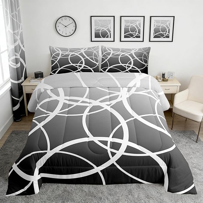 Castle Fairy Gray Gradient Comforter Set Queen Size,Geometric Circles Bedding Set for Kids Boys Girls Bedroom Decoration,Stripe Line Art Bed Duvet Insert,Modern Simplicity Comforter with 2 Pillowcase