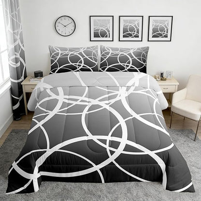 Castle Fairy Gray Gradient Comforter Set Queen Size,Geometric Circles Bedding Set for Kids Boys Girls Bedroom Decoration,Stripe Line Art Bed Duvet Insert,Modern Simplicity Comforter with 2 Pillowcase