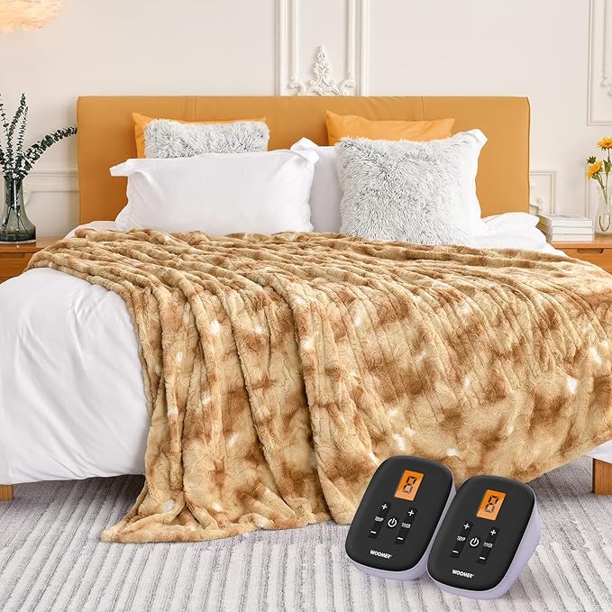 WOOMER Heated Blanket Queen Size 84" x 90", Electric Blanket with 0.5-12 Hours Timer & 10 Heating Levels, ETL Certified, Marble Blue Double-Sided Faux Fur, Machine Washable